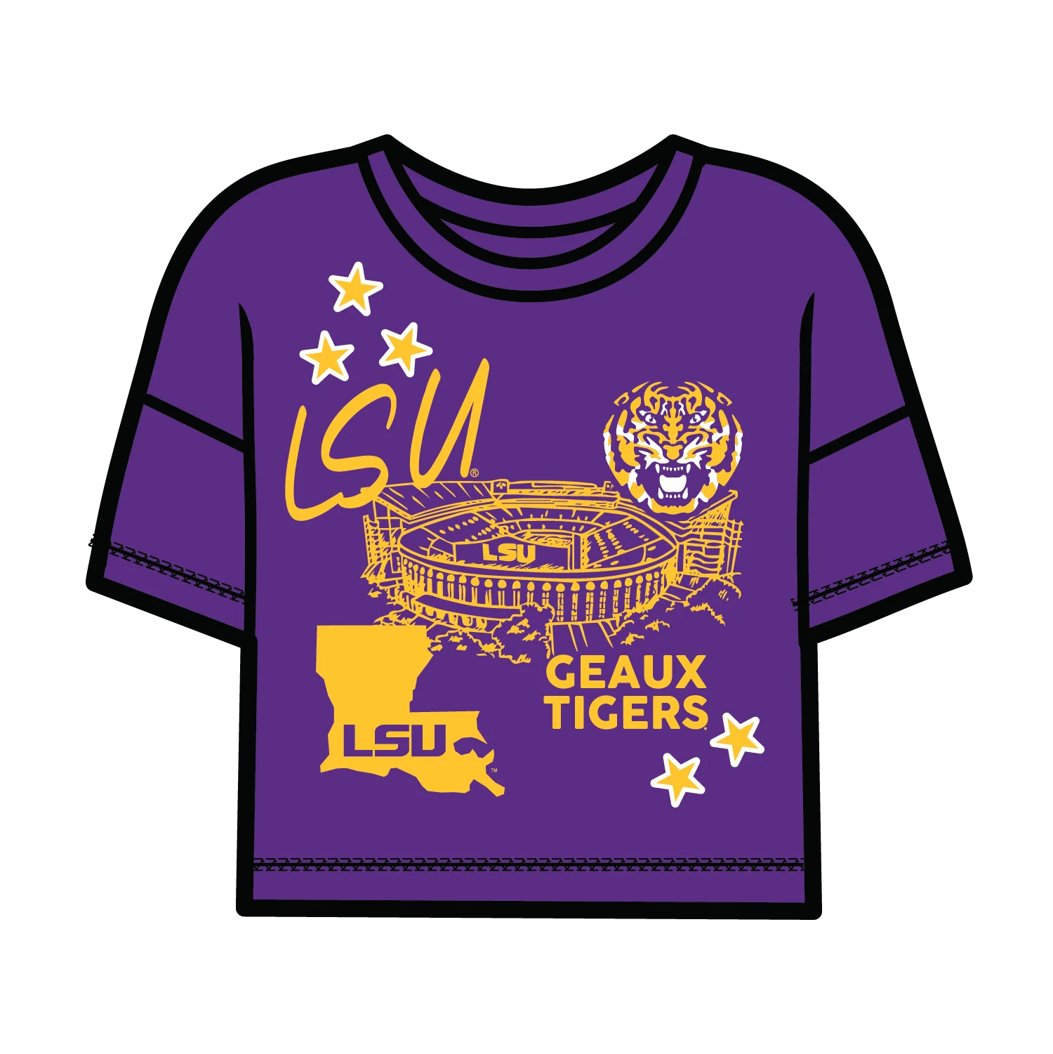 Purple t-shirt with LSU logo and Geaux Tigers against Tiger Stadium.