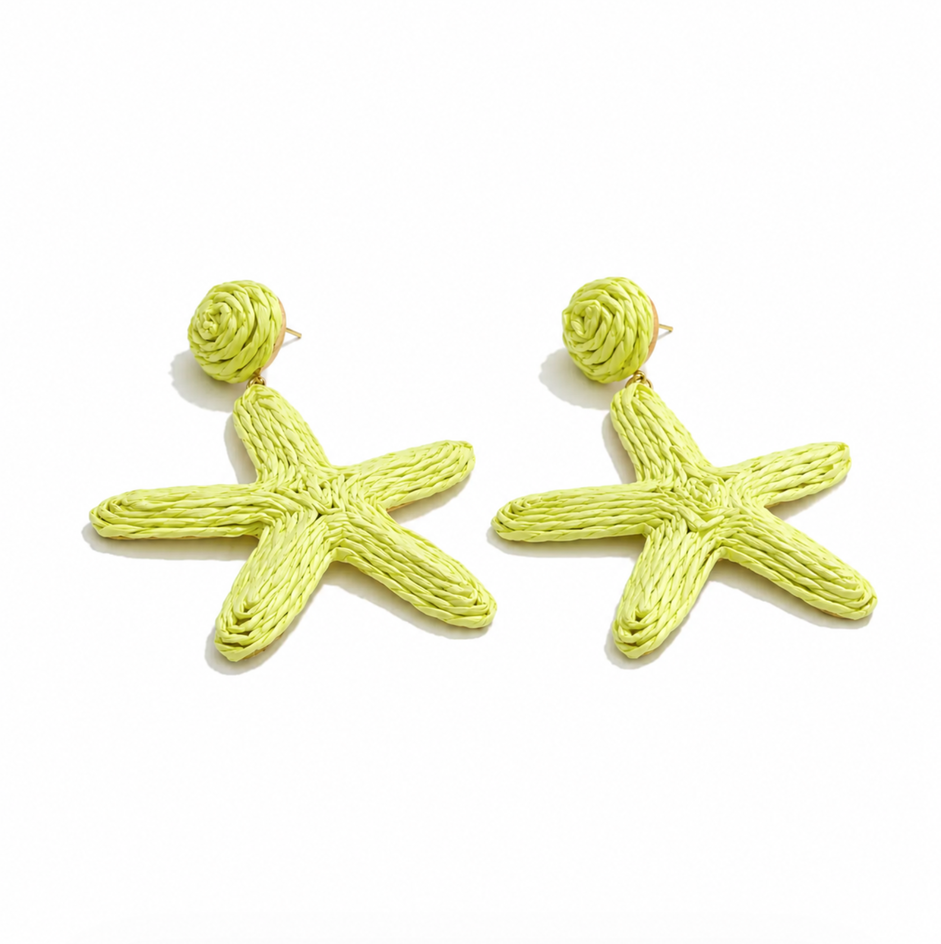 Pair of yellow starfish-shaped earrings on a white background