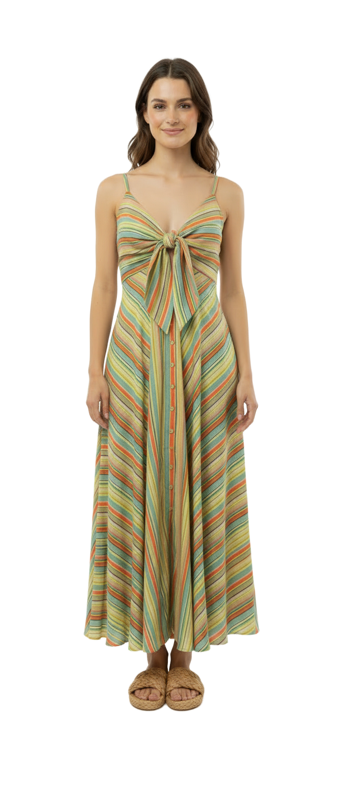 A woman wearing a lime green orange and blue stripe spaghetti strap dress with a bow at the bust.