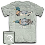 Light green t-shirt with a mallard duck design and Roost logo on a white background