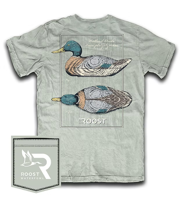Light green t-shirt with a mallard duck design and Roost logo on a white background