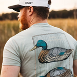 Man wearing a t-shirt with a mallard duck design outdoors