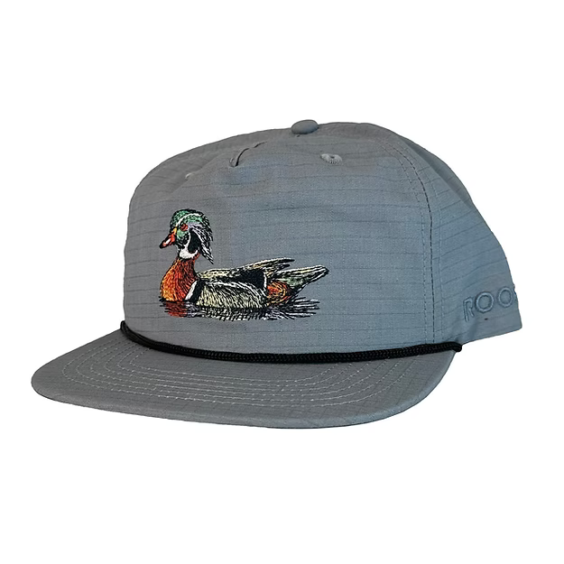 Blue cap with duck design on a white background
