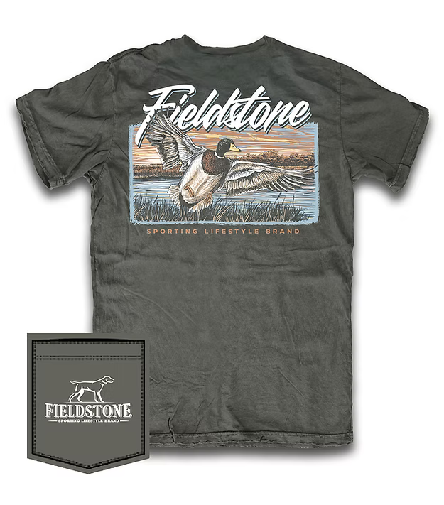 Dark gray t-shirt with duck graphic and Fieldstone branding on a white background