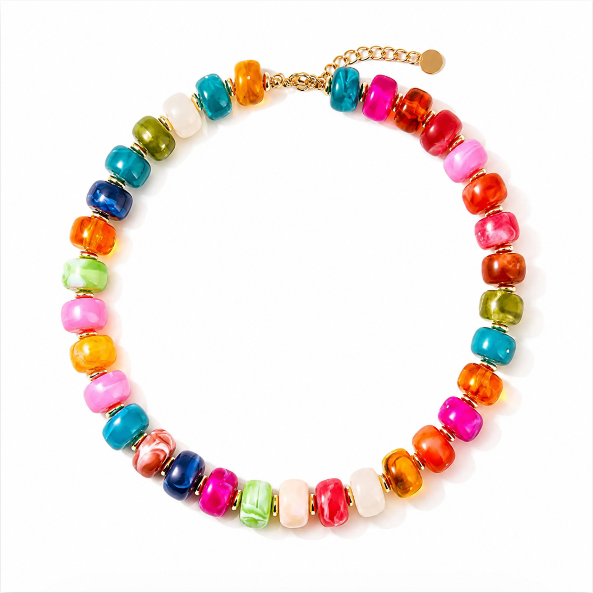 Colorful beaded necklace with a gold clasp on a white background