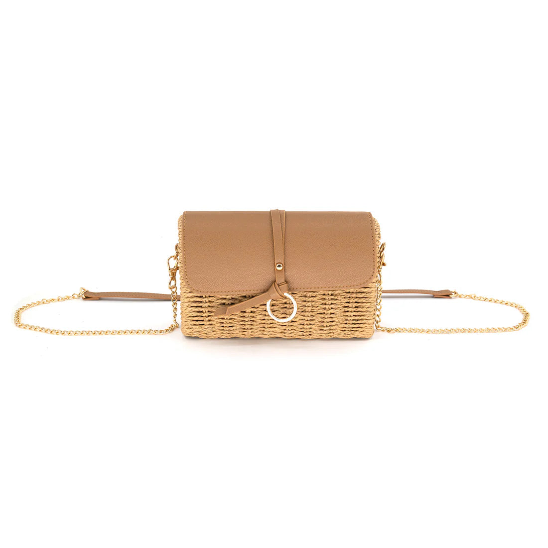 Woven handbag with a gold chain strap on a white background