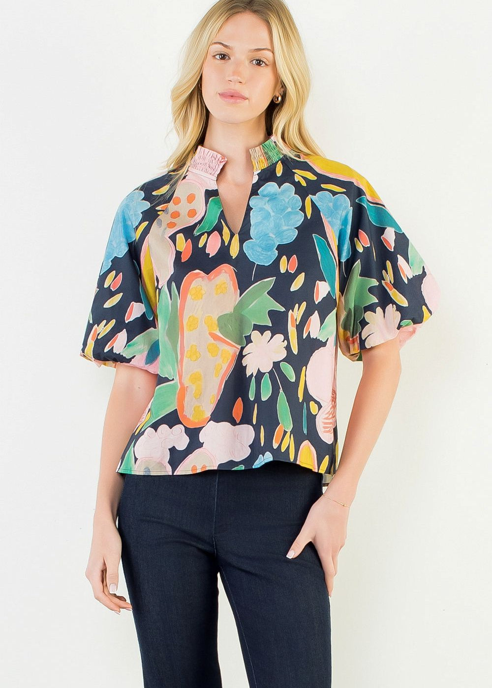 Navy Floral Puff Sleeve Blouse - THML
