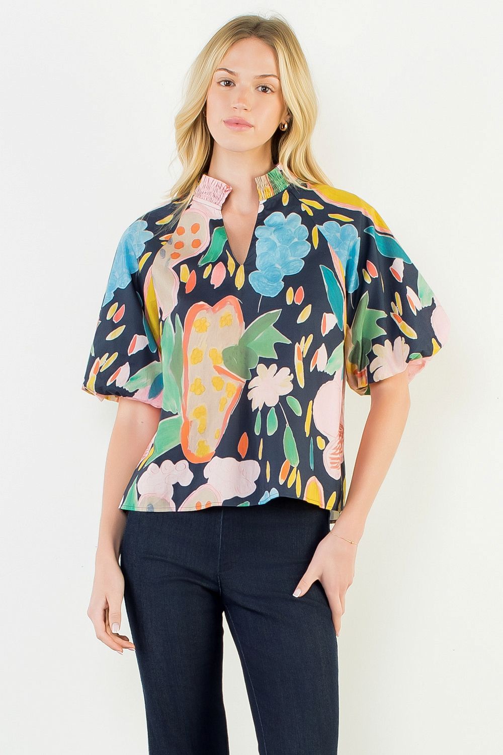 Navy Floral Puff Sleeve Blouse - THML