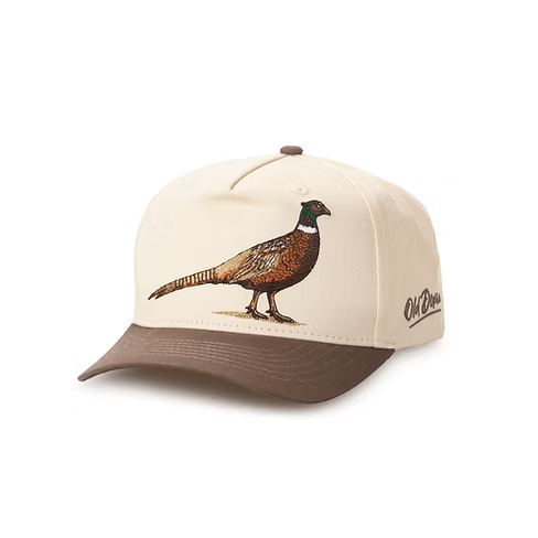a khaki and brown hat with a multicolor pheasant on the front.
