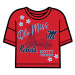 A women's Ole Miss red game day tee that is a boxy fit with Ole Miss Rebels and Hotty Toddy working against the Vaught-Hemingway Stadium silhouette.