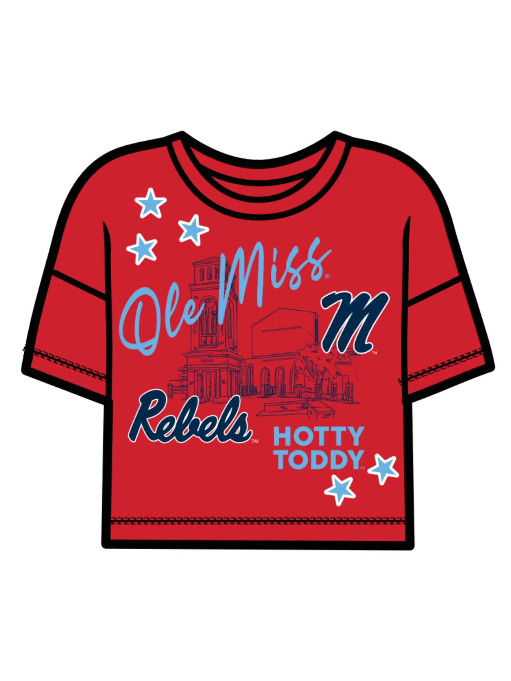 A women's Ole Miss red game day tee that is a boxy fit with Ole Miss Rebels and Hotty Toddy working against the Vaught-Hemingway Stadium silhouette.