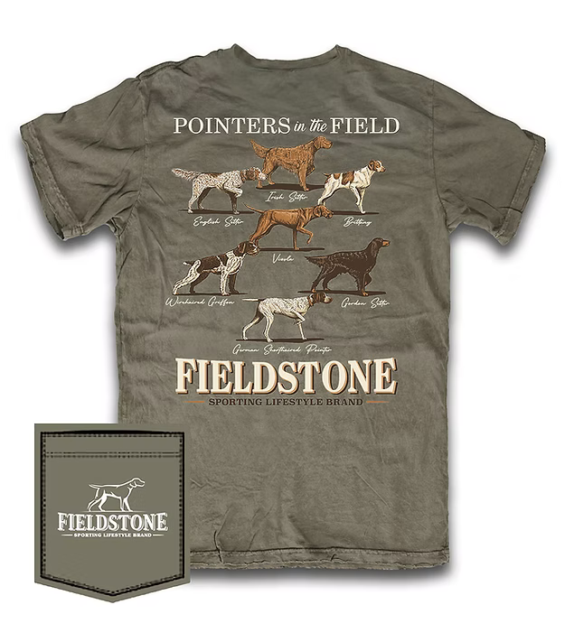 Brown t-shirt with Pointer Dog Breed illustrations and Fieldstone branding on a white background