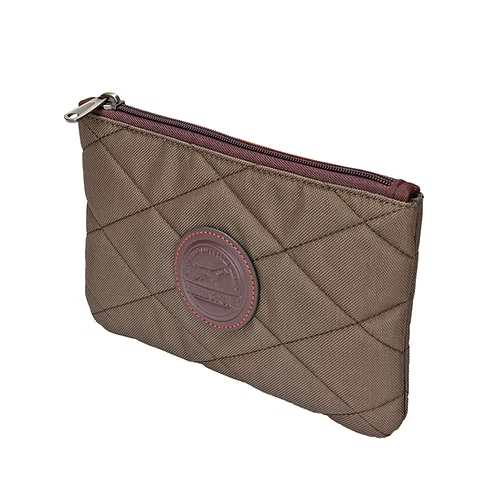 Quilted pouch with a brand logo on a white background
