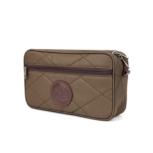 Brown quilted bag with a brand logo on a white background