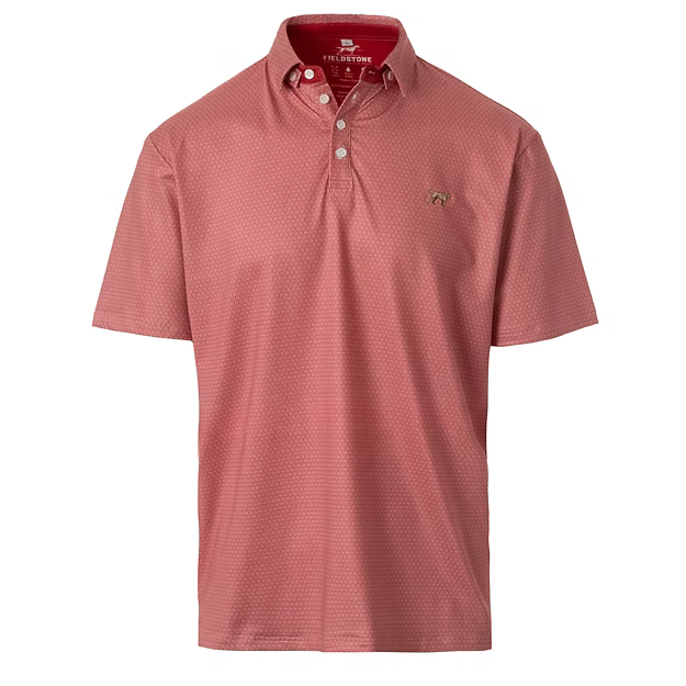 Red patterned polo shirt on a white background