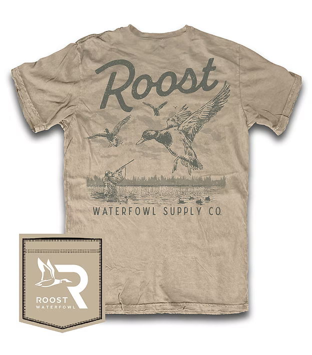 Beige t-shirt with 'Roost Waterfowl Supply Co' graphic and logo on a white background
