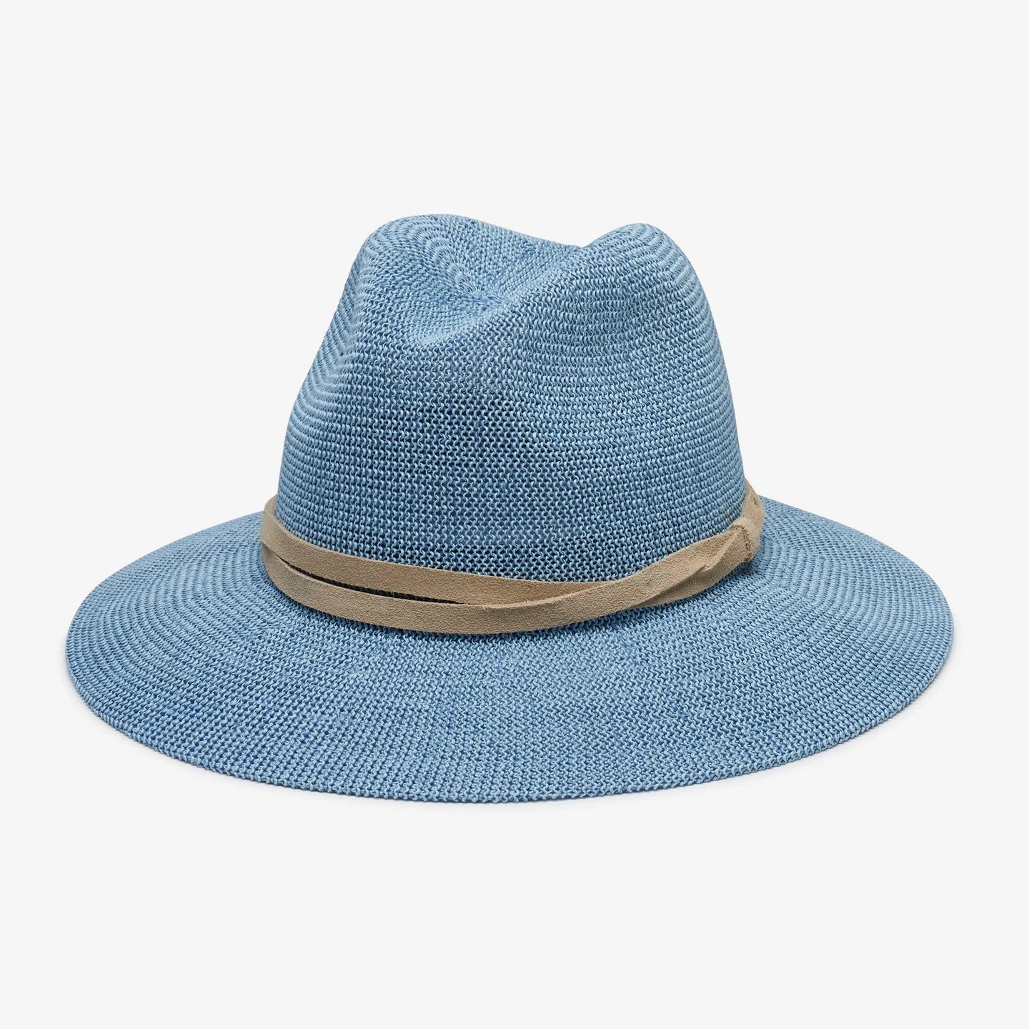 A women's panama style hat in blue with a white leather hat band.