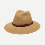 A panama style women's hat in camel with a brown suede hat band.
