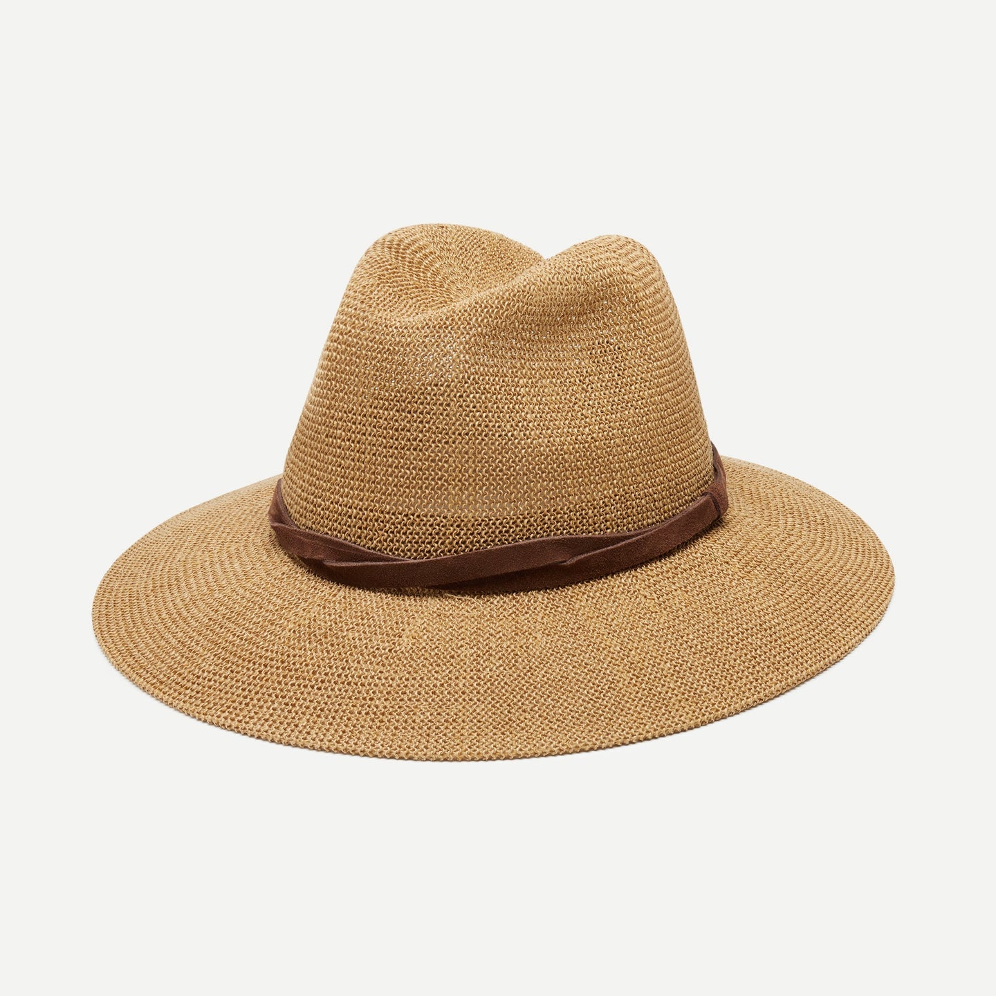 A panama style women's hat in camel with a brown suede hat band.