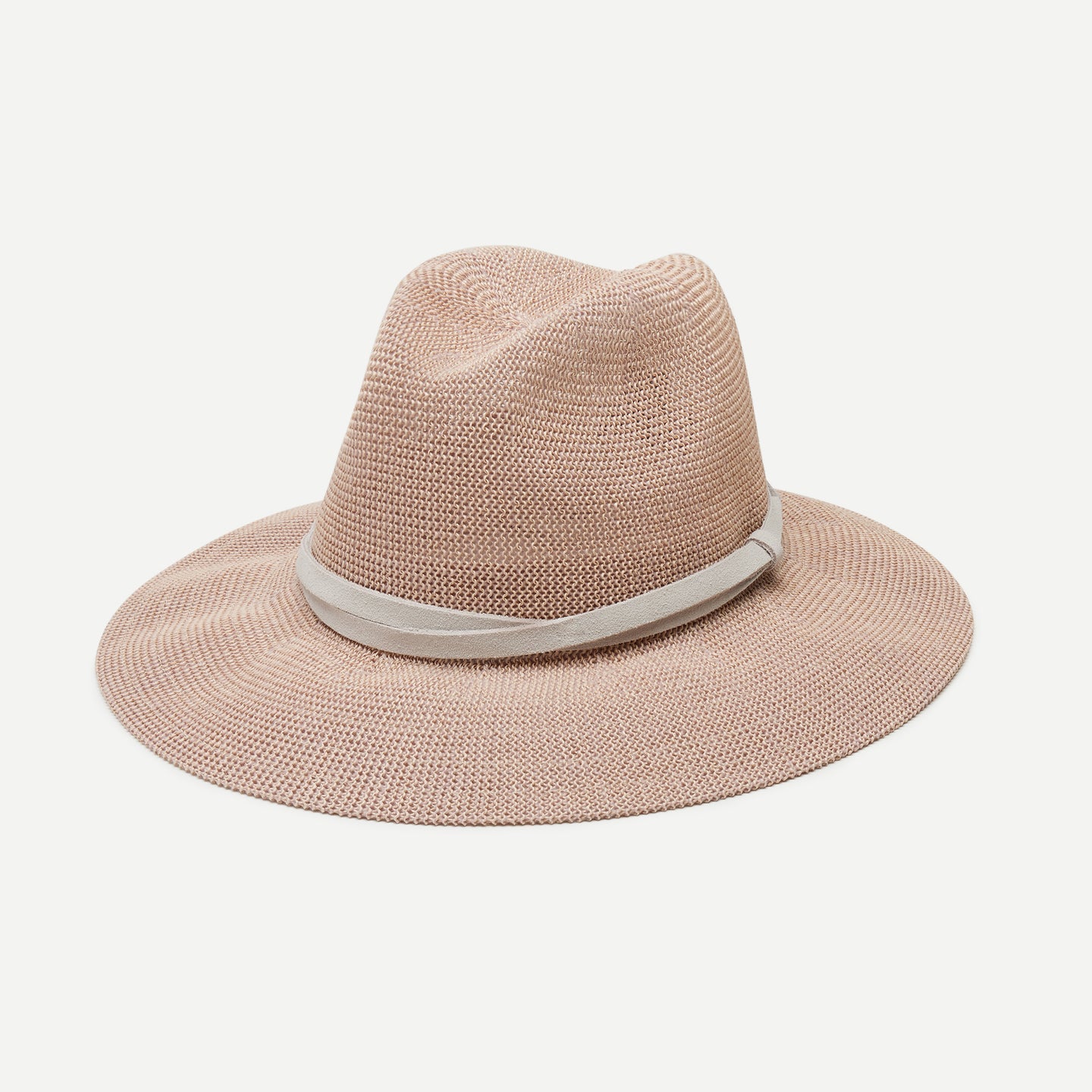 A pink panama style women's hat with a white leather cord hatband.