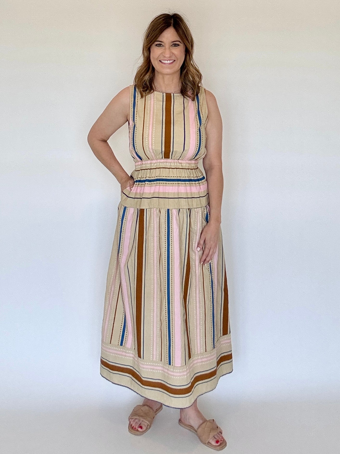 Stripe Midi Dress Pink/Tan