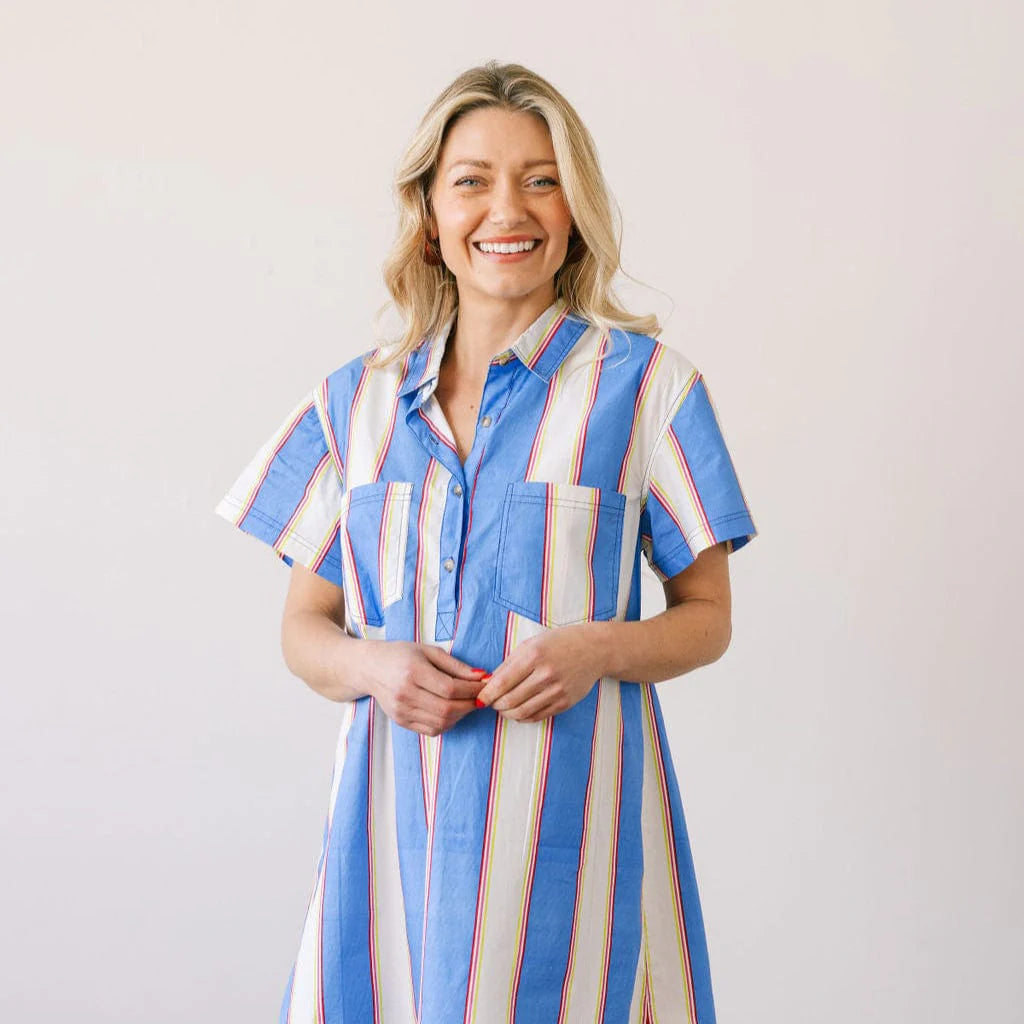 Striped white blue and red mini dress with buttons and front pockets 