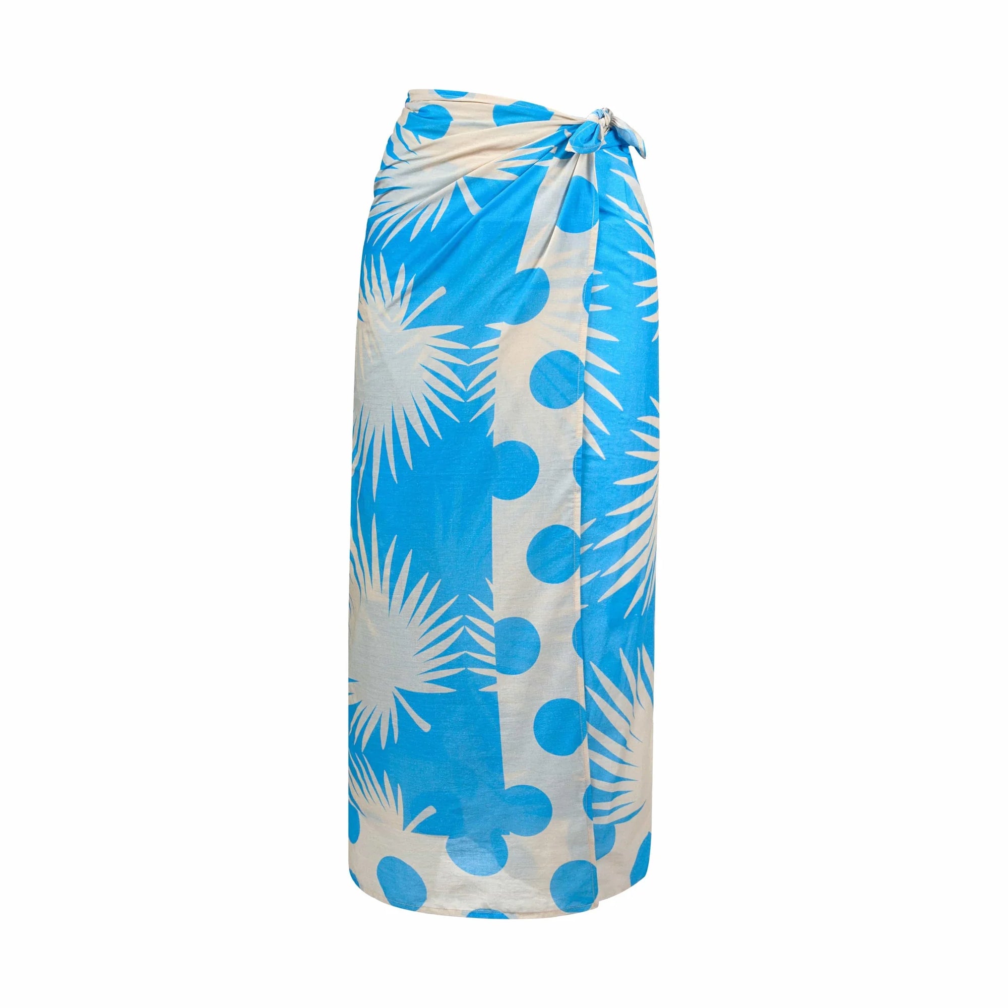 A blue and white palm frond sarong with blue dot border.