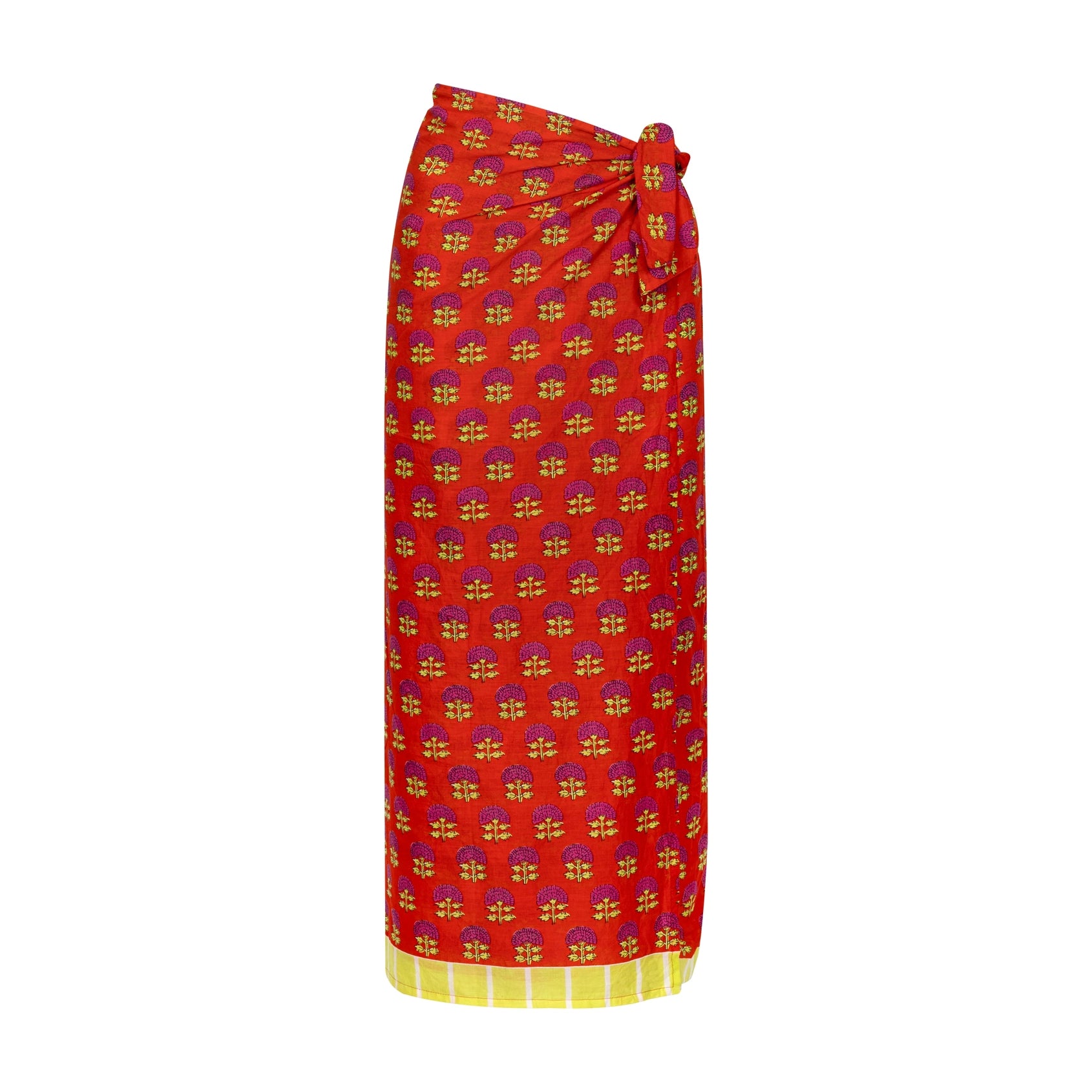 A red sarong with yellow and purple block print flowers and a yellow border.