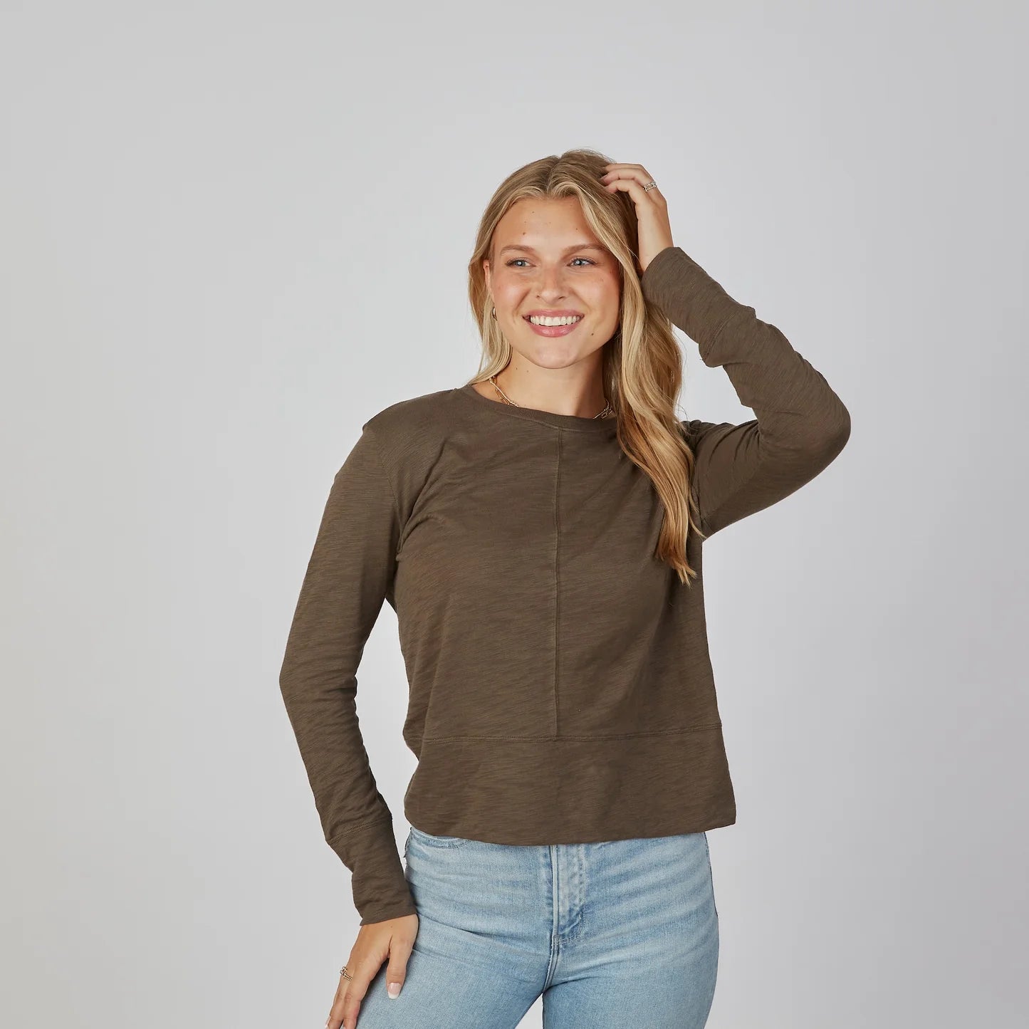 Celia LS Tee, Espresso Brown, Detail - Erin Gray