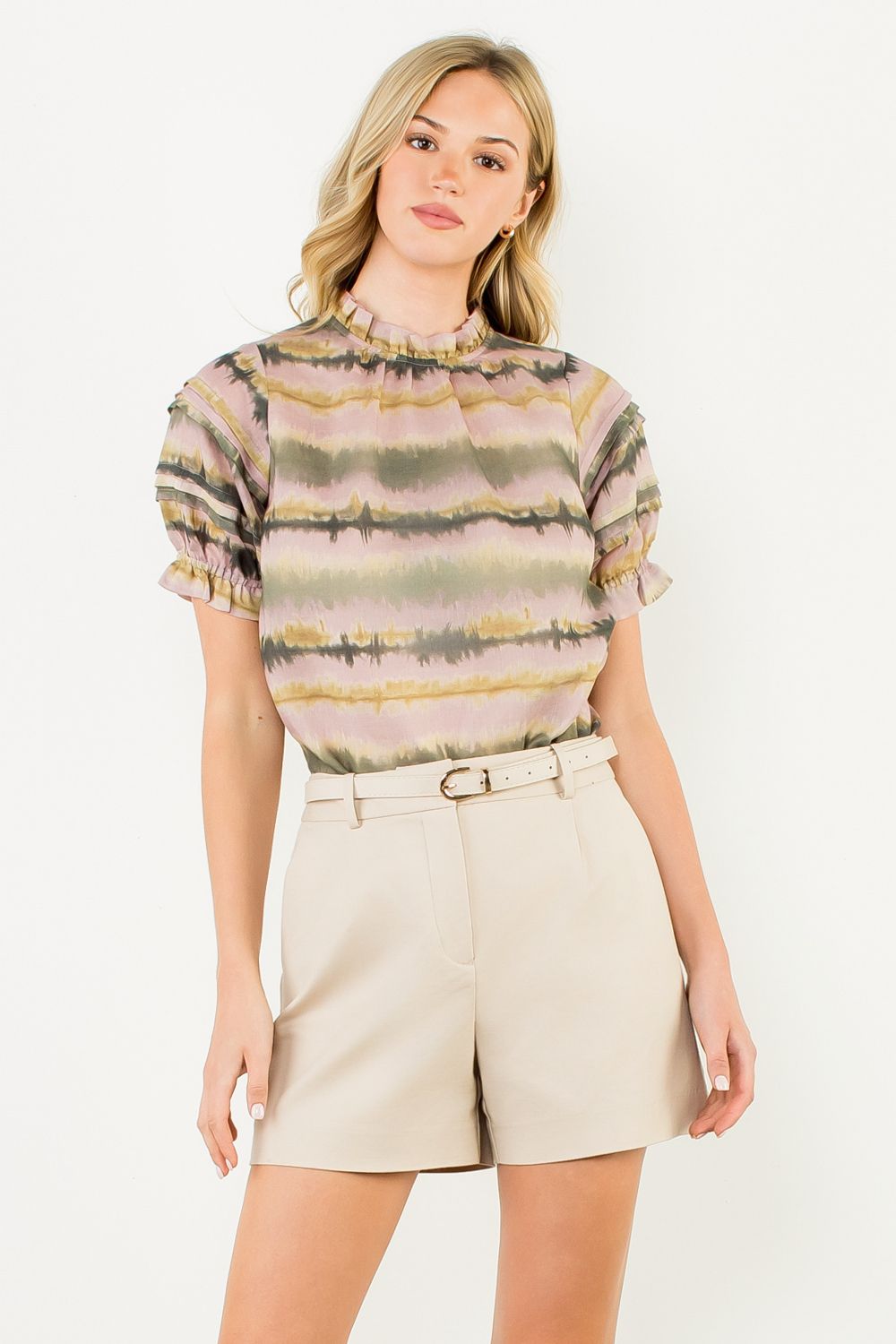 Tie dye top with beige and green lines 