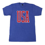A bright blue tshirt with red letter USA across the front.