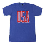 A bright blue tshirt with red letter USA across the front.
