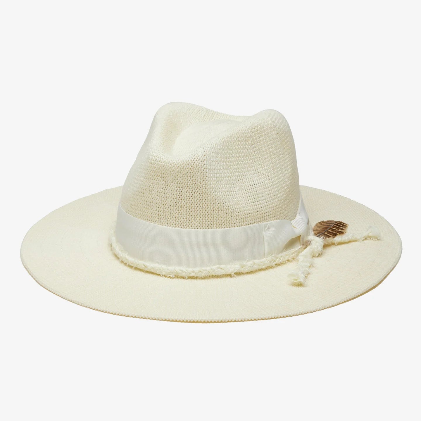 Beige straw hat with a band and feather on a white background