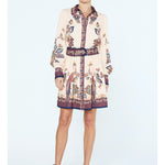 Cream Peacock Print Mini Dress, Blue Ribbon Collar Detail - Ciebon