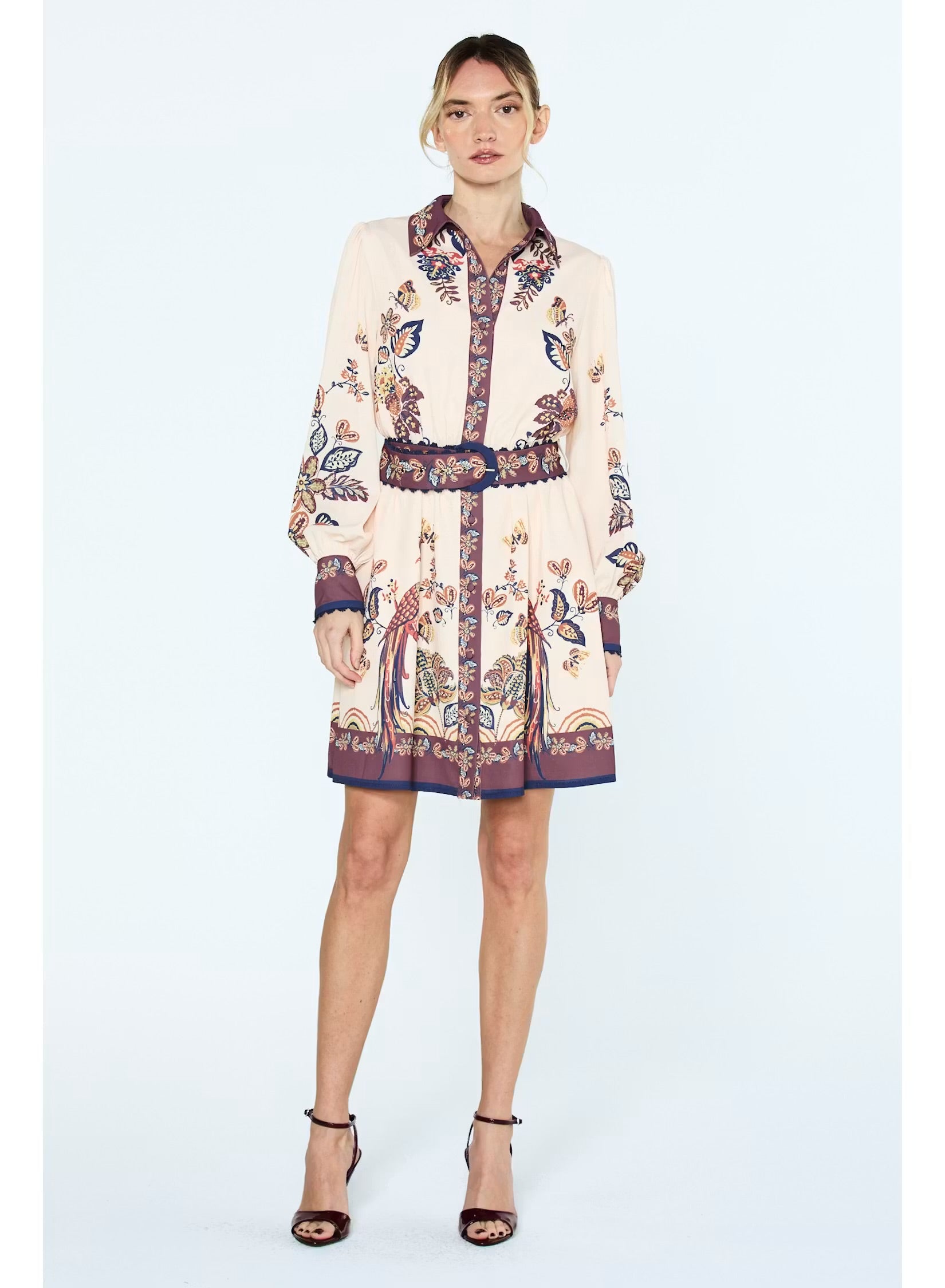 Cream Peacock Print Mini Dress, Blue Ribbon Collar Detail - Ciebon