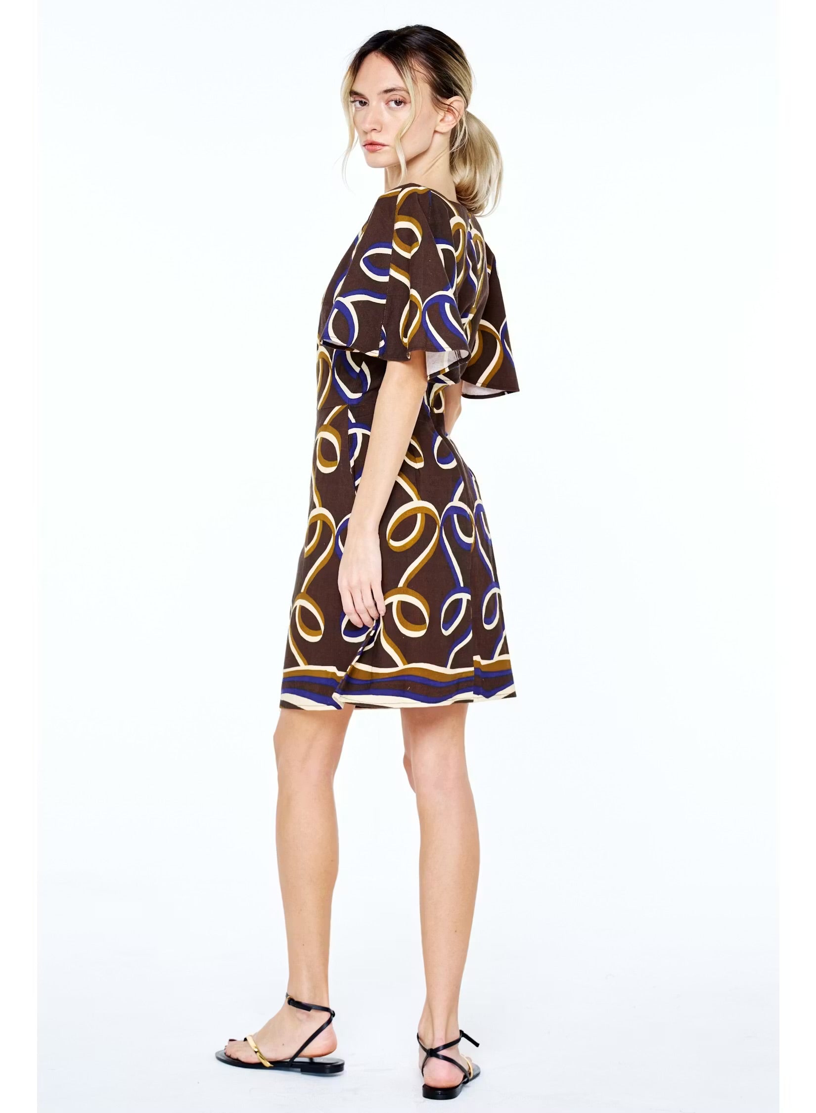 Ribbon Print Brown Mini Dress, Styled - Ciebon