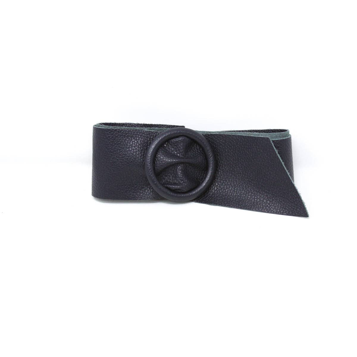 Black leather belt with a circular buckle on a white background