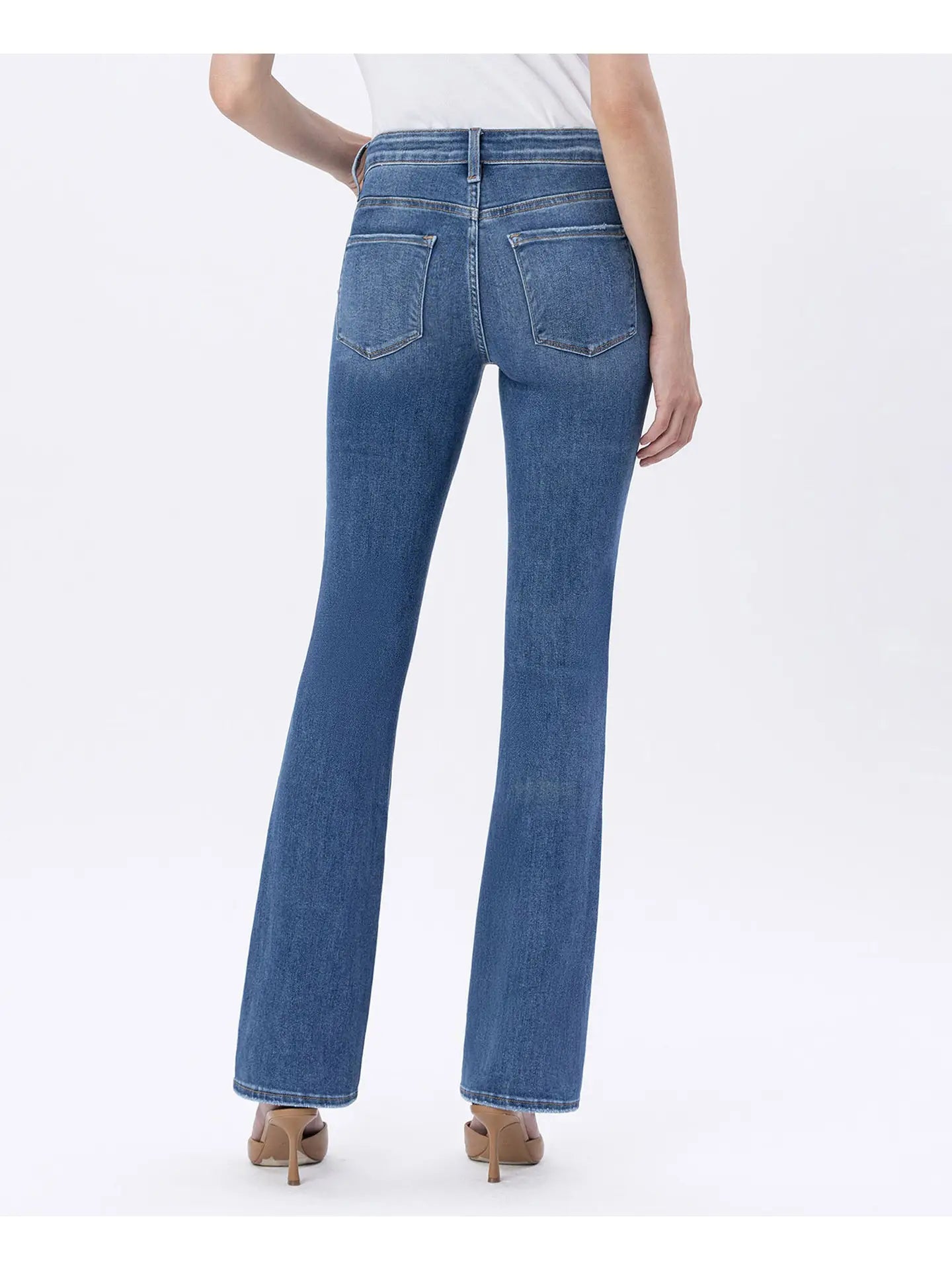 High rise stretch slim bootcut jeans in medium dark wash, front view, women's denim