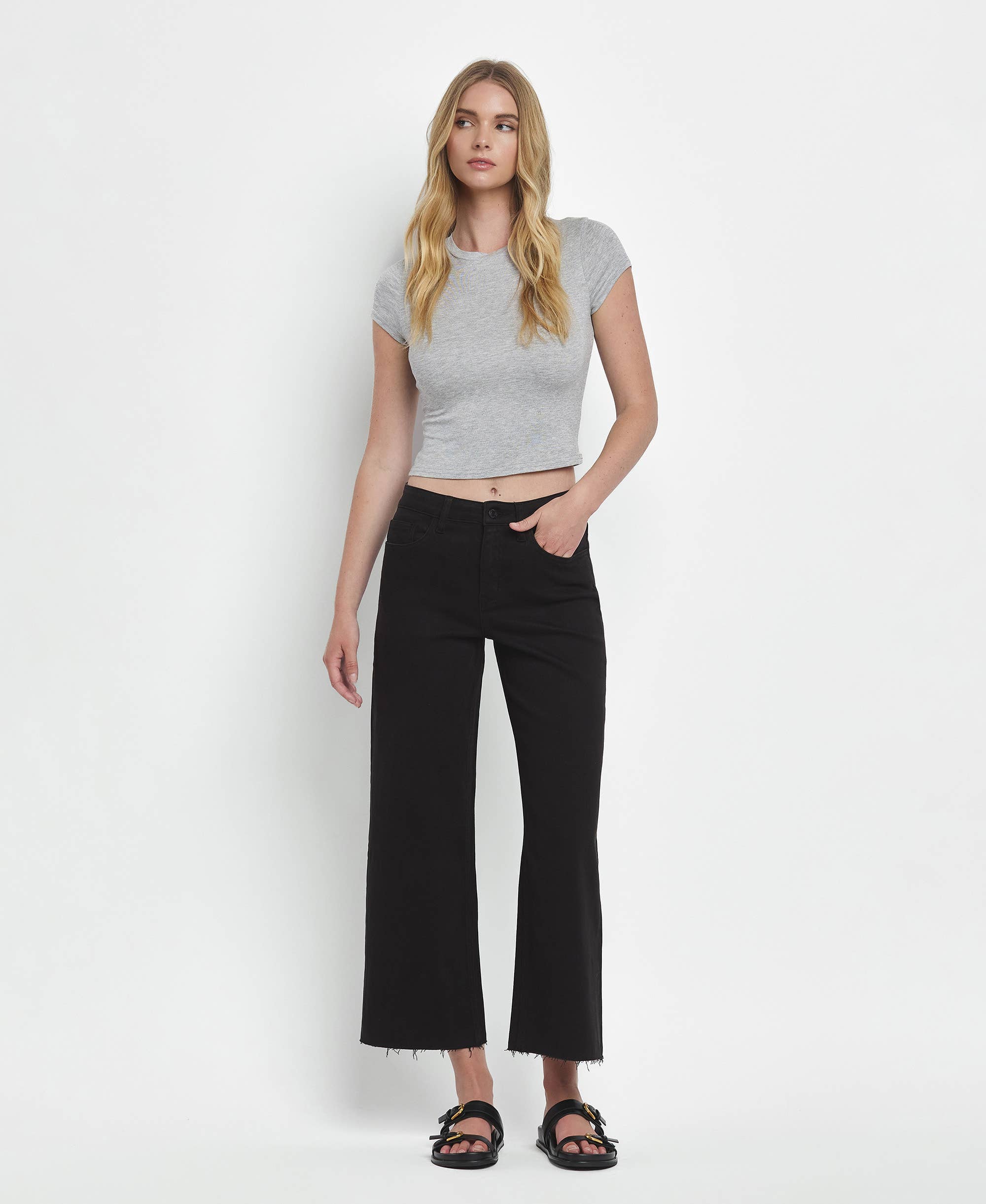 high rise wide leg frayed bottom denim jeans