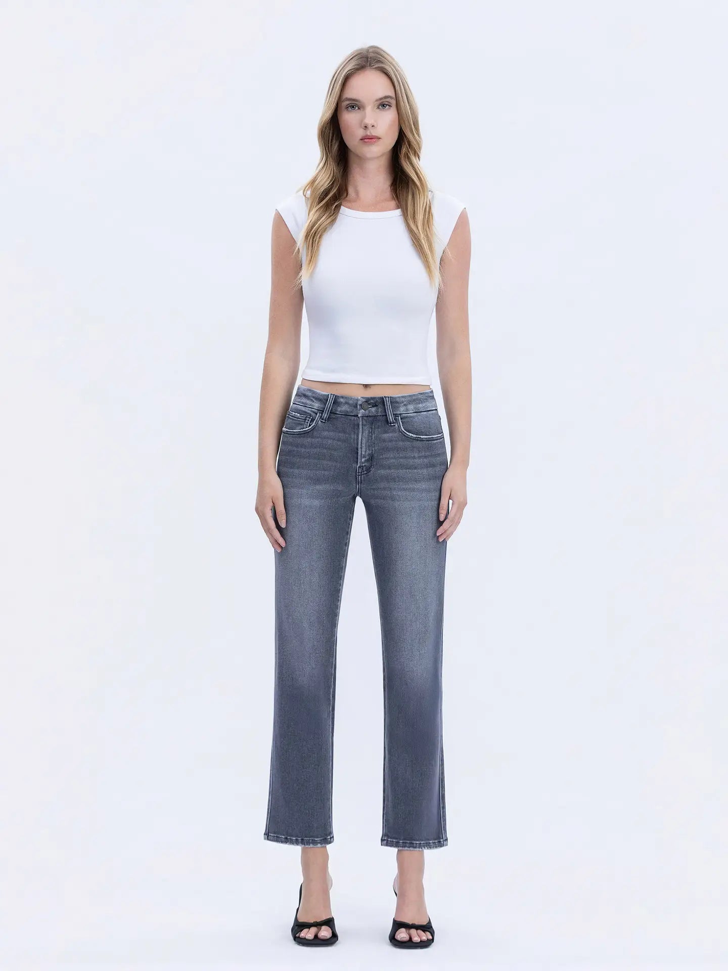 Mid Rise Grey Ankle Straight Jean, Detail - VERVET