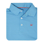 A folded light blue and white striped polo shirt with a small red embroidered logo on the left chest, displayed on a solid white background.