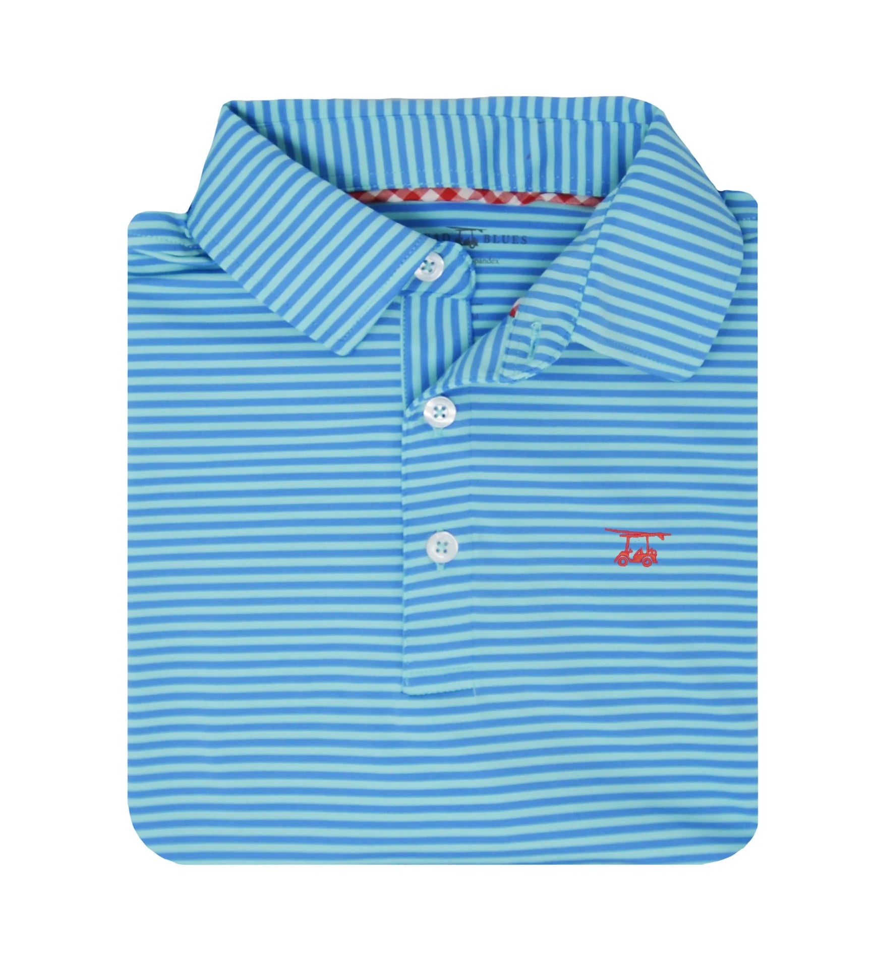 A folded light blue and white striped polo shirt with a small red embroidered logo on the left chest, displayed on a solid white background.