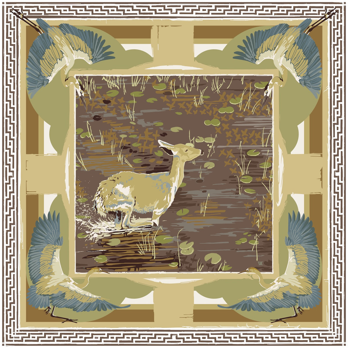 Brown Lily Pad Doe Silk Scarf, Austin Williams Art - detail view