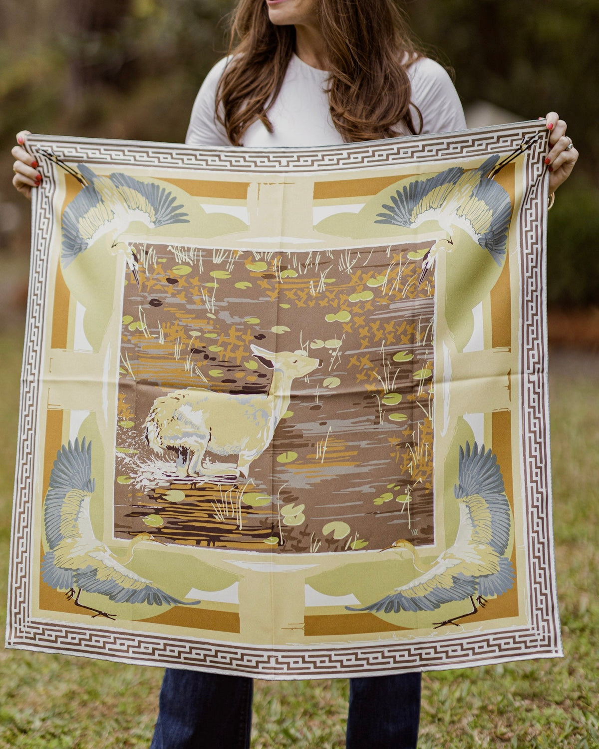 Brown Lily Pad Doe Silk Scarf, Austin Williams Art - full print