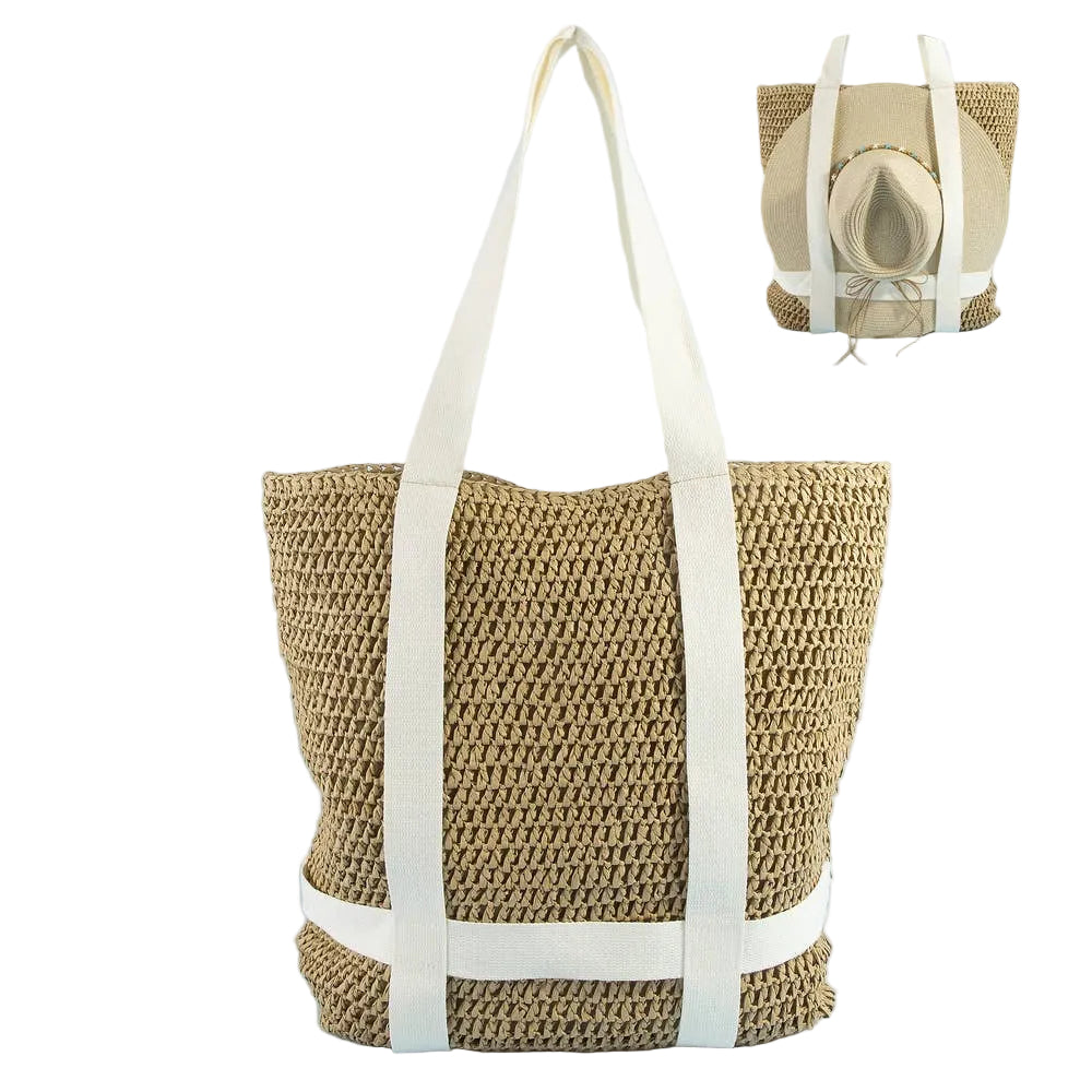 Woven tote bag with white straps on a light blue background