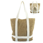Woven tote bag with white straps on a light blue background
