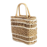 Woven basket with striped pattern on a light blue background