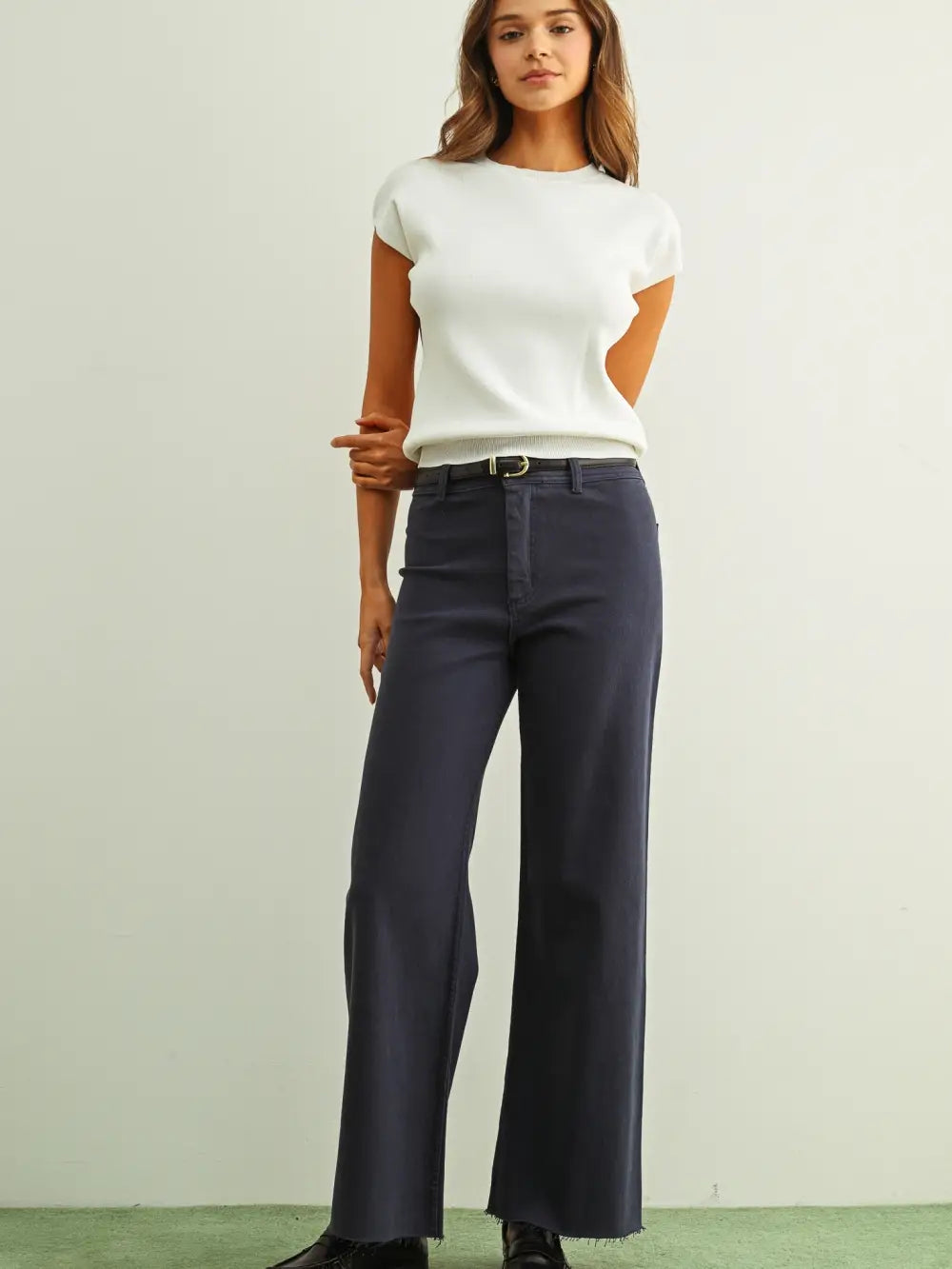 Straight Wide Leg Denim, Navy, Styled - Miou Muse