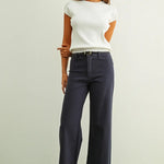 Straight Wide Leg Denim, Navy, Styled - Miou Muse