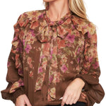 Brown Floral Tie Neck Blouse - Chatsworth Boutique